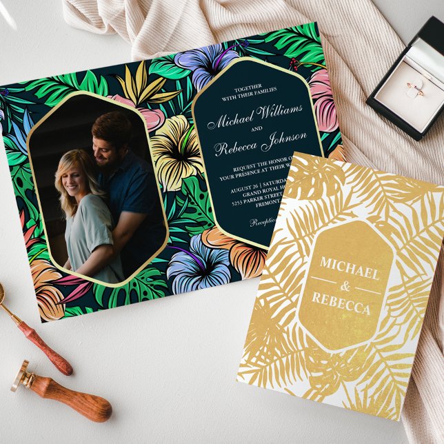 Invitation de mariage tropical en or bleu de minui (Créateur téléchargé)