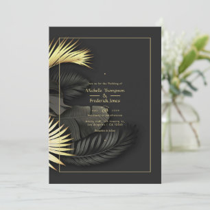 Invitation de mariage tropical noir et or