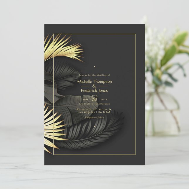 Invitation de mariage tropical noir et or (Debout devant)