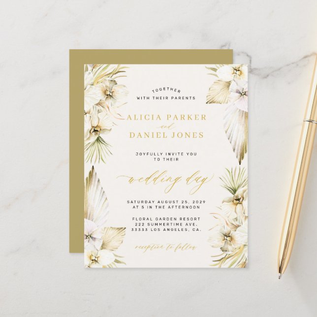 Invitation de mariage tropical pampas bohème pas c (Devant/Arrière en situation)