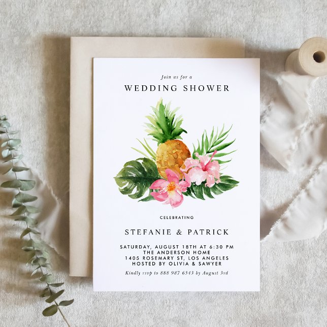 Invitation de mariage tropicale à l'aquarelle avec (Tropical wedding shower invitation featuring watercolor pineapple, hibiscus and greenery.)
