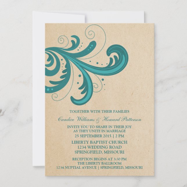 Invitation de mariage turquoise à des tourbillons  (Devant)