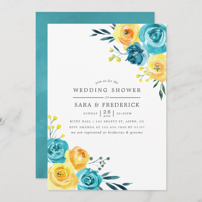 Invitation de mariage turquoise et jaune à fleurs (Devant / Derrière)