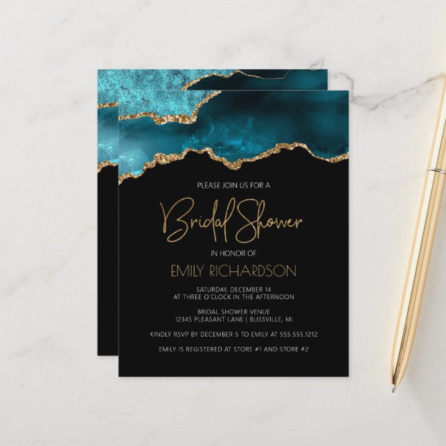 Invitation de mariage turquoise géode agate budget (Devant/Arrière en situation)