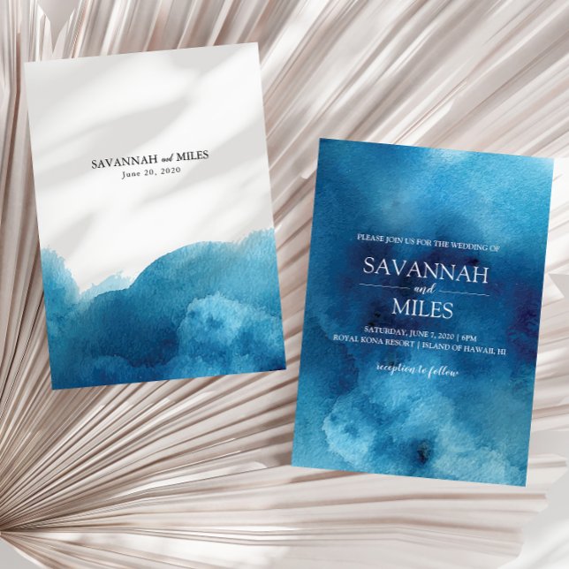 Invitation de mariage vague océan bleu aquarelle (Créateur téléchargé)