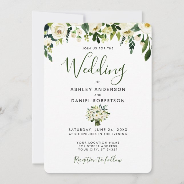 Invitation de mariage vert floral aquarelle modern (Devant)