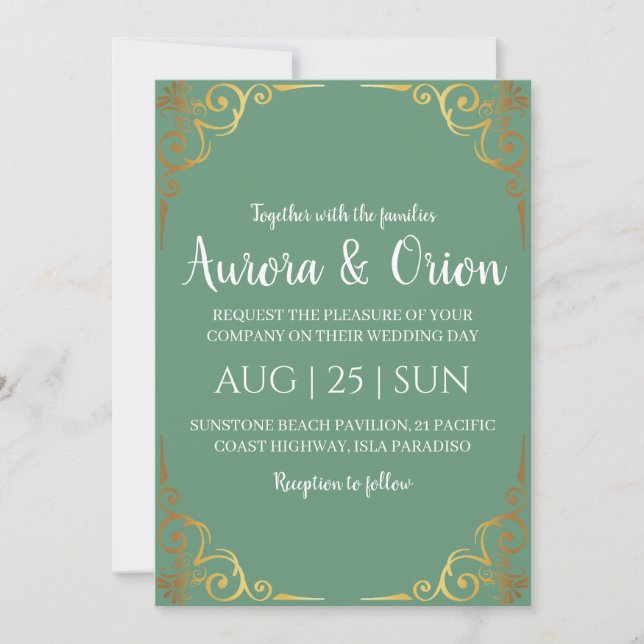 invitation de mariage verte à la sauge d'or (Devant)