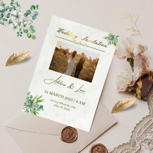 Invitation de mariage verte, avec titre doré fixe 