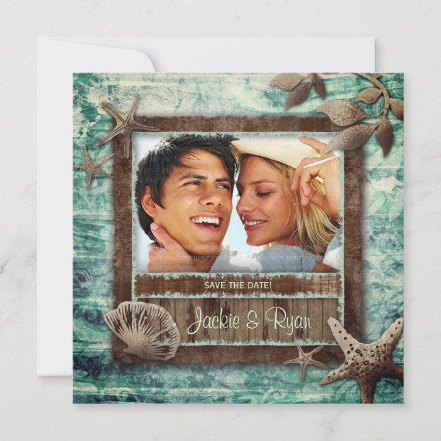 Invitation de mariage verte de plage de coquillage (Devant)