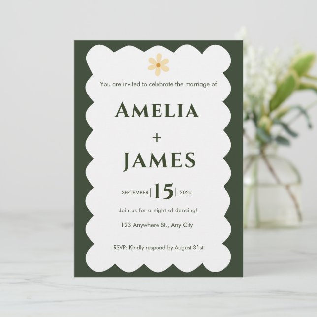 Invitation de mariage verte moderne ondulée (Debout devant)