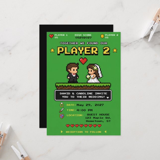 Invitation de mariage verte vintage jeu vidéo amus (Devant/Arrière en situation)