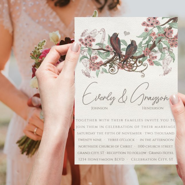 Invitation de mariage vintage aux oiseaux floraux  (Créateur téléchargé)