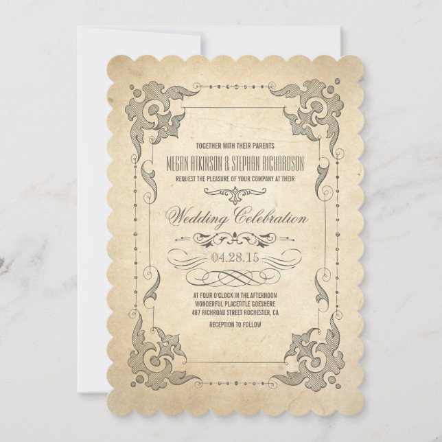 Invitation de mariage vintage fleurs antiques (Devant)