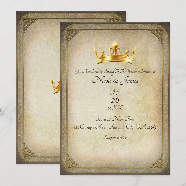 Invitation de mariage vintage Royal Gold Crown (Devant / Derrière)
