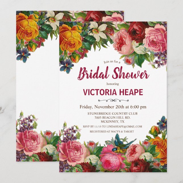 Invitation de mariage vintage victorien floral (Devant / Derrière)