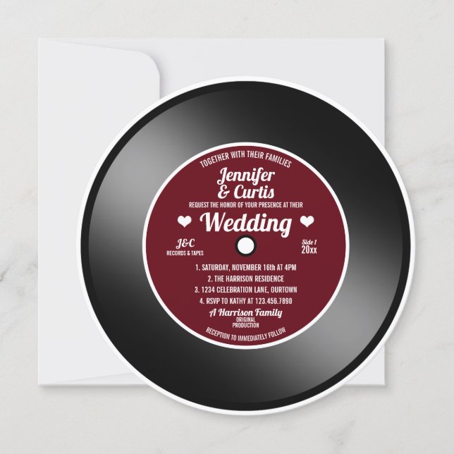 Invitation de mariage vinyle rétro rouge vin (Devant)