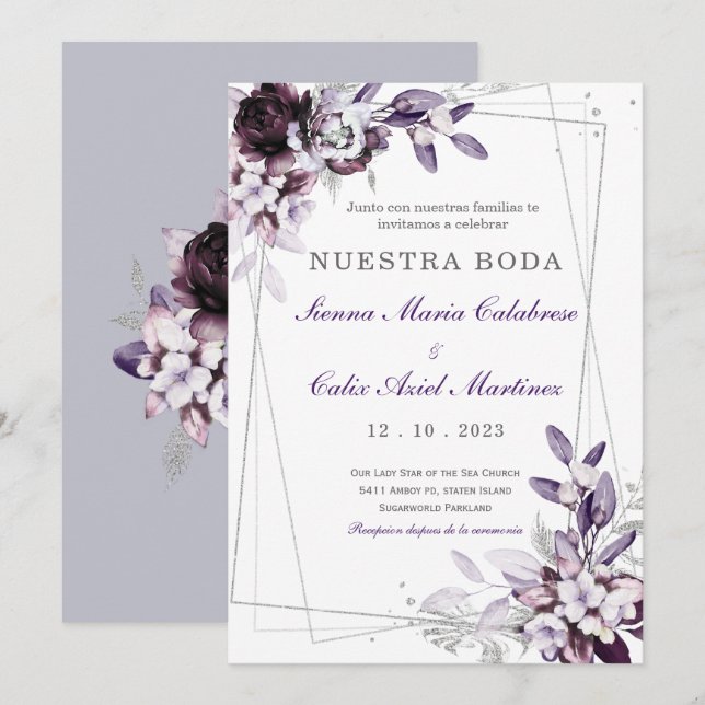 Invitation de Mariage Violet et Lavande Argenté (Devant / Derrière)