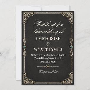 Invitation de mariage western cowboy or noir