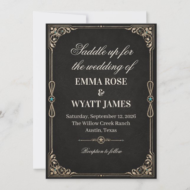 Invitation de mariage western cowboy or noir (Devant)