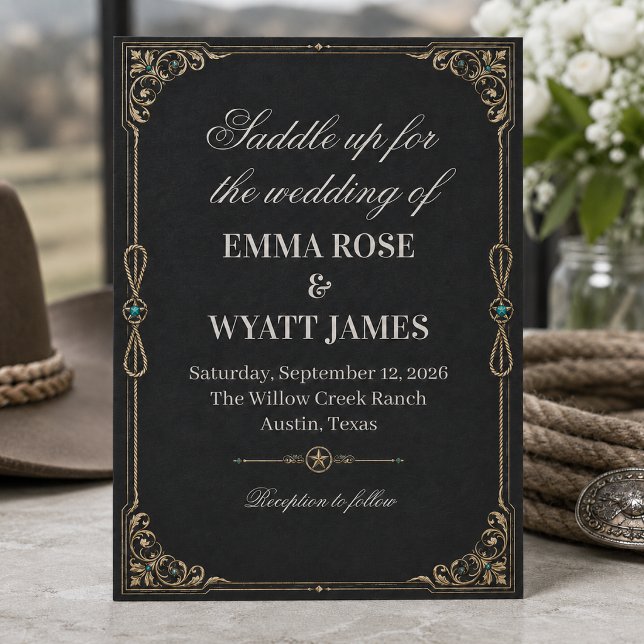 Invitation de mariage western cowboy or noir (Créateur téléchargé)