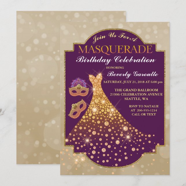 Invitation de masquerade d'anniversaire Élégant Gl (Devant / Derrière)