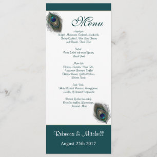 Invitation de menu aux plumes de paon bleu-vert