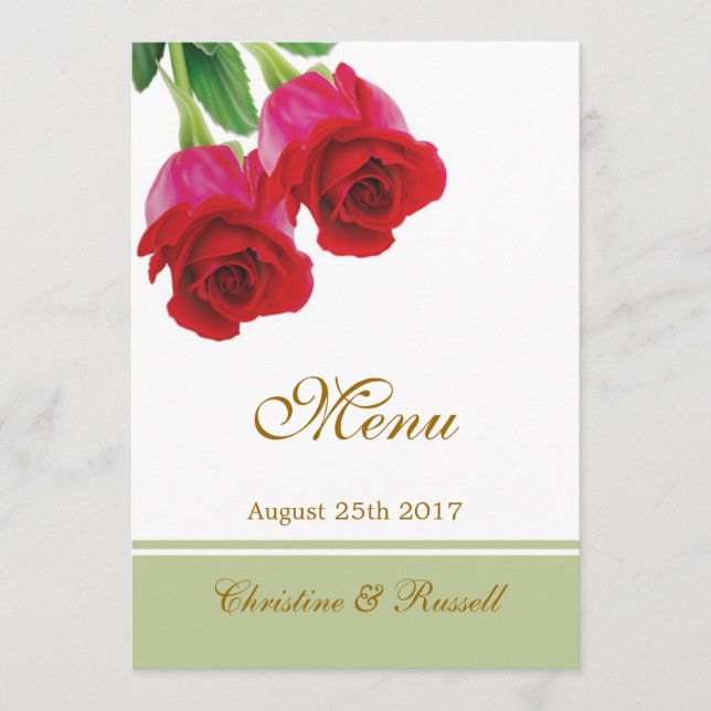 Invitation de menu de mariage Deux roses rouges (Devant)