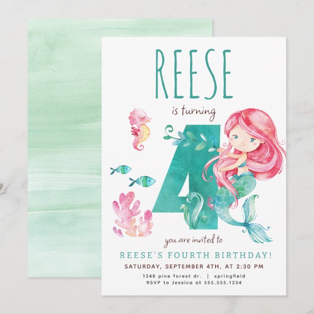Invitation de Mermaid 4e anniversaire (Devant / Derrière)