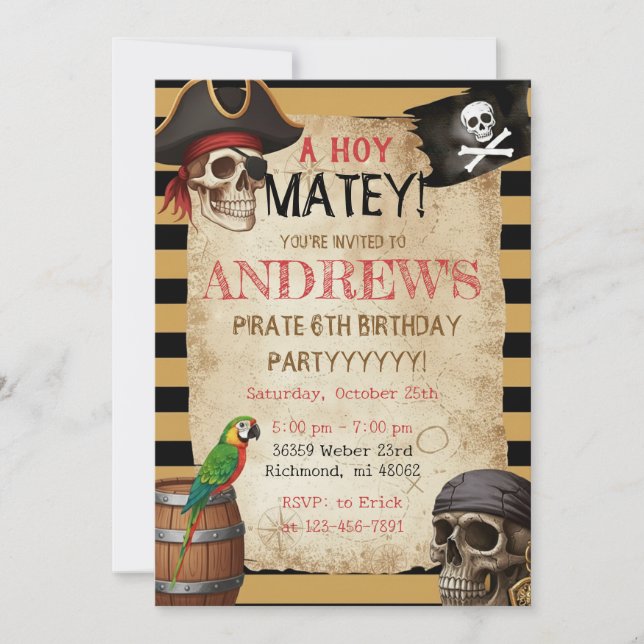 Invitation de modèle de fête de pirates modifiable (Devant)