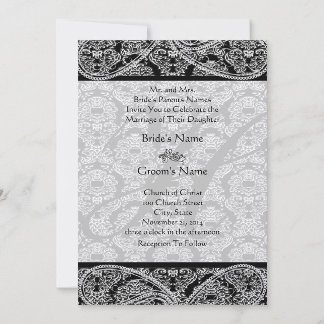 Invitation de Monogram Black Mariage damassé (Devant)