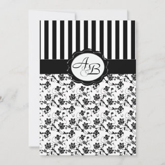 Invitation de monogramme à rayures florales noir e