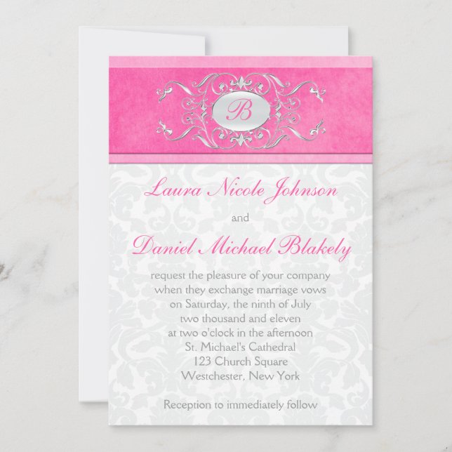 Invitation de monogramme rose, blanc et gris Damas (Devant)