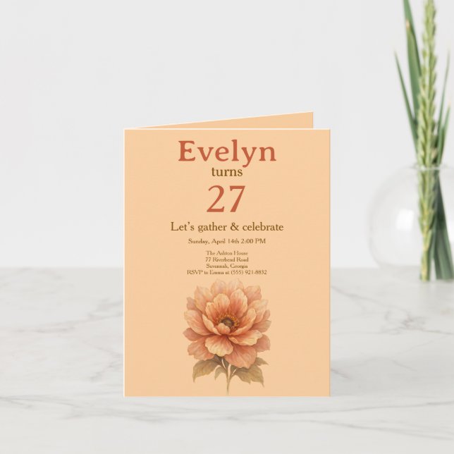 Invitation de naissance élégante aux fleurs de pêc (Devant)