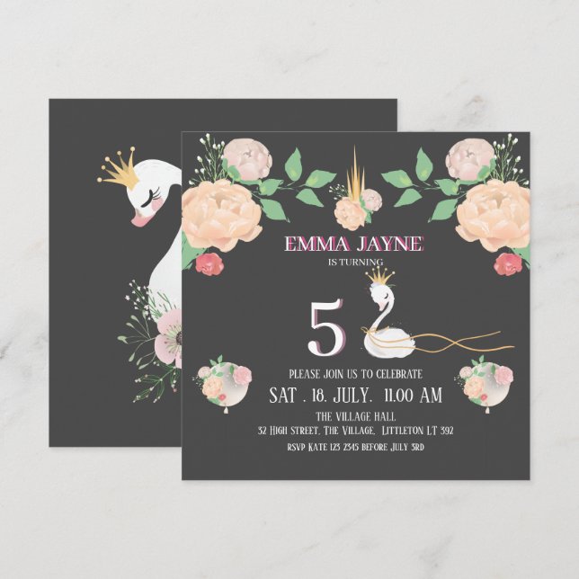 Invitation de naissance Filles Cygne Floral Fantai (Devant / Derrière)