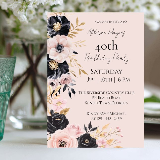 Invitation de naissance florale noire et rose pers (Créateur téléchargé)