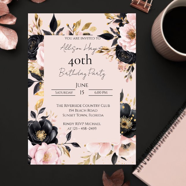 Invitation de naissance florale noire et rose pers (Créateur téléchargé)