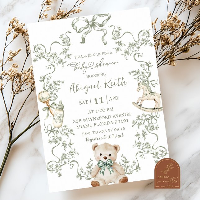 Invitation de naissance garçon toile de Jouy vert  (Créateur téléchargé)