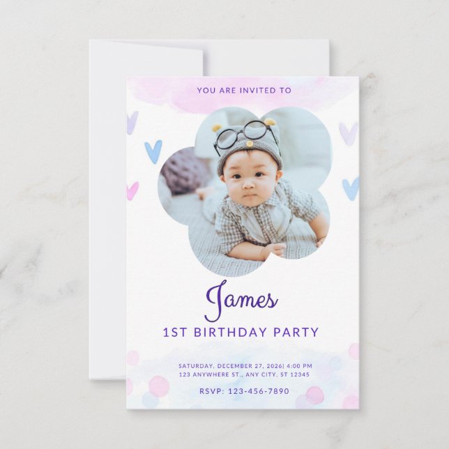 Invitation de naissance personnalisée avec coeurs  (Devant)