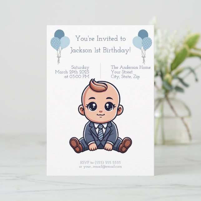 Invitation de naissance personnalisée Bleu Boss Ba (Debout devant)