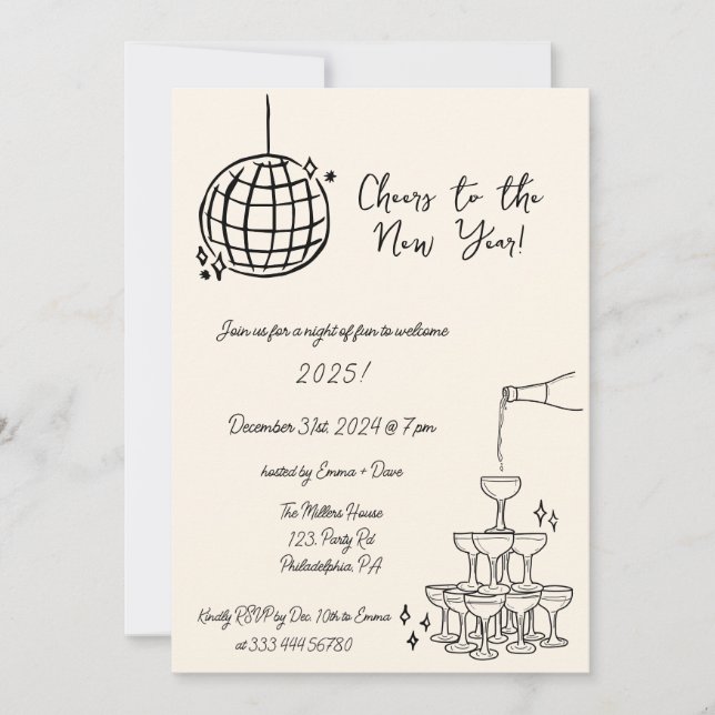 Invitation de New Years Party dessiné à la main (Devant)