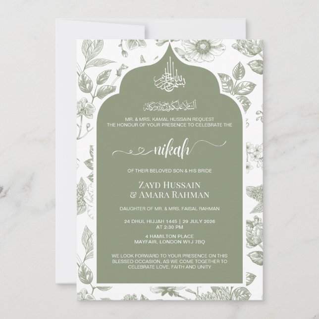 Invitation de Nikah vert sauge élégante | Art liné (Devant)