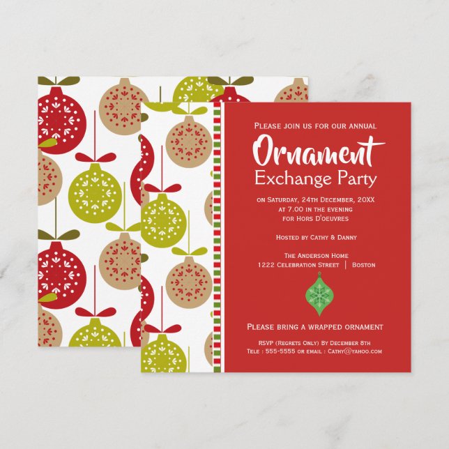 Invitation de Noël à la fête d'échange d'ornements (Devant / Derrière)