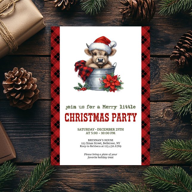 Invitation de Noël à l'aquarelle avec vache des Hi (Watercolor highland cow in bucket Christmas Invitation)