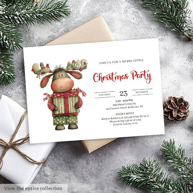 Invitation de Noël à l'aquarelle de rennes chic et (Chic Quirky Reindeer watercolor Christmas invite)