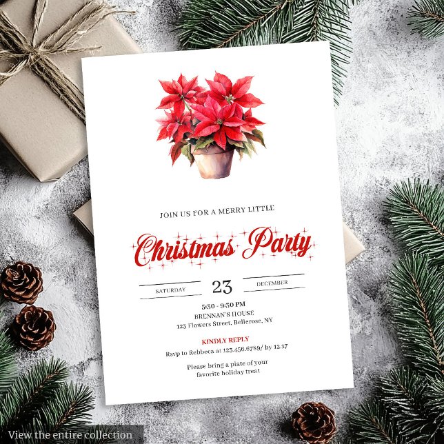 Invitation de Noël à l'aquarelle élégante poinsett (Elegant red poinsettia watercolor Christmas invitations with festive charm.)