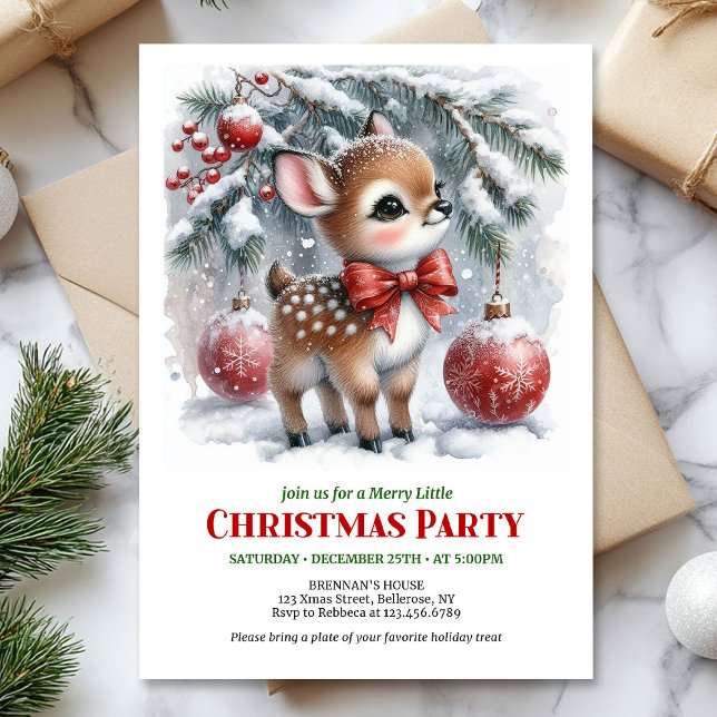 Invitation de Noël à l'aquarelle pour bébé cerf mi (Sweet baby deer watercolor Christmas invitation printable card)