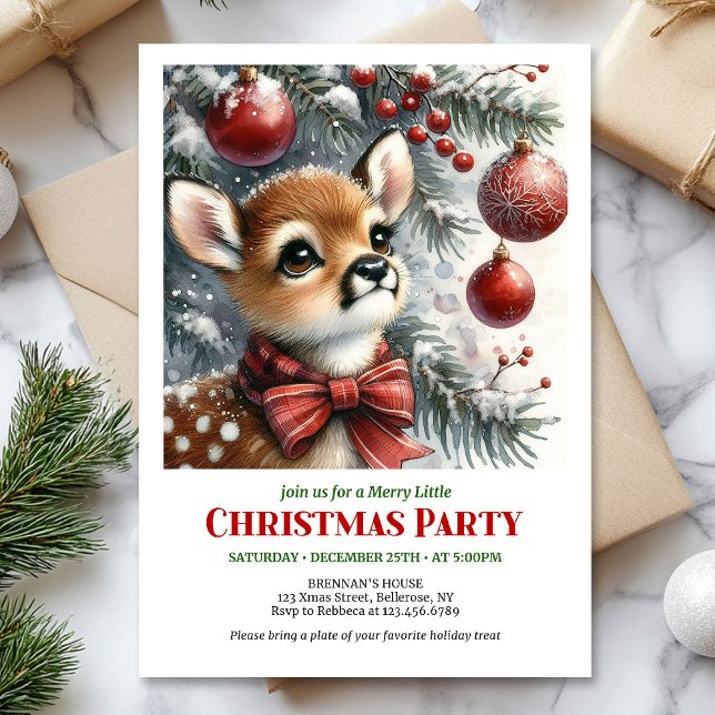 Invitation de Noël à l'aquarelle pour bébé cerf se (Serene baby deer watercolor Christmas invitation printable card)