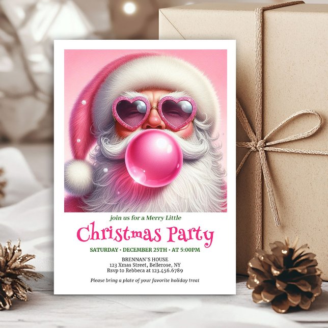Invitation de Noël à l'aquarelle rose amusante du  (Fun pink santa chewing gum watercolor Xmas invite)