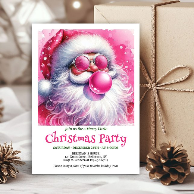 Invitation de Noël à l'aquarelle rose pour chewing (Cozy pink santa chewing gum watercolor Xmas invite)