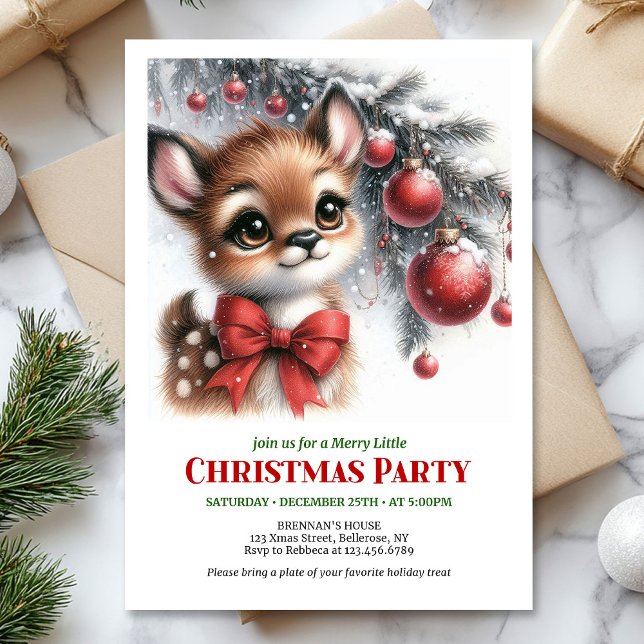Invitation de Noël aquarelle pour bébé cerf joyeux (Merry baby deer watercolor Christmas invite printable template)